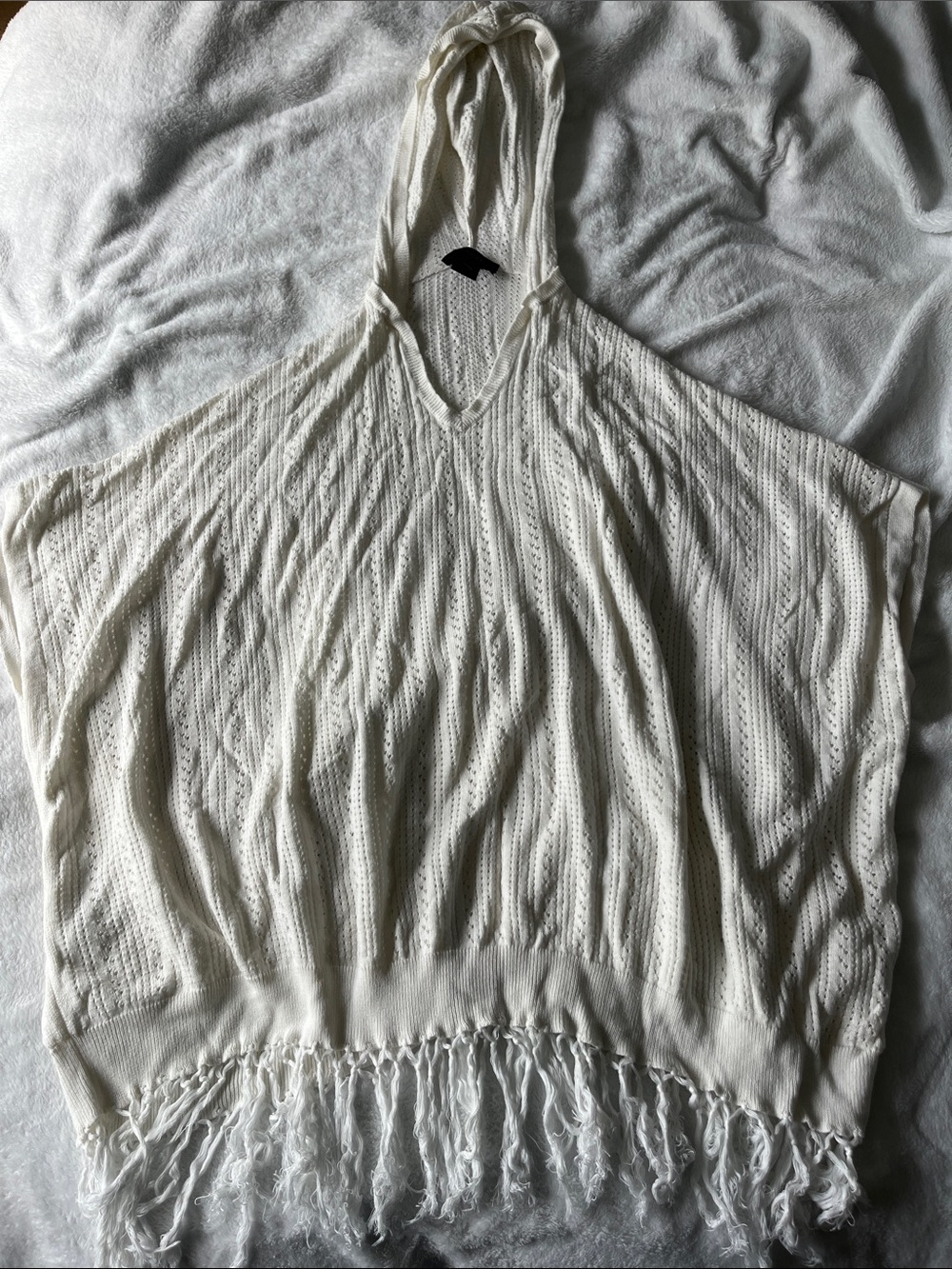 Karen Kane Cream Open-Knit Fringe V-Neck Poncho